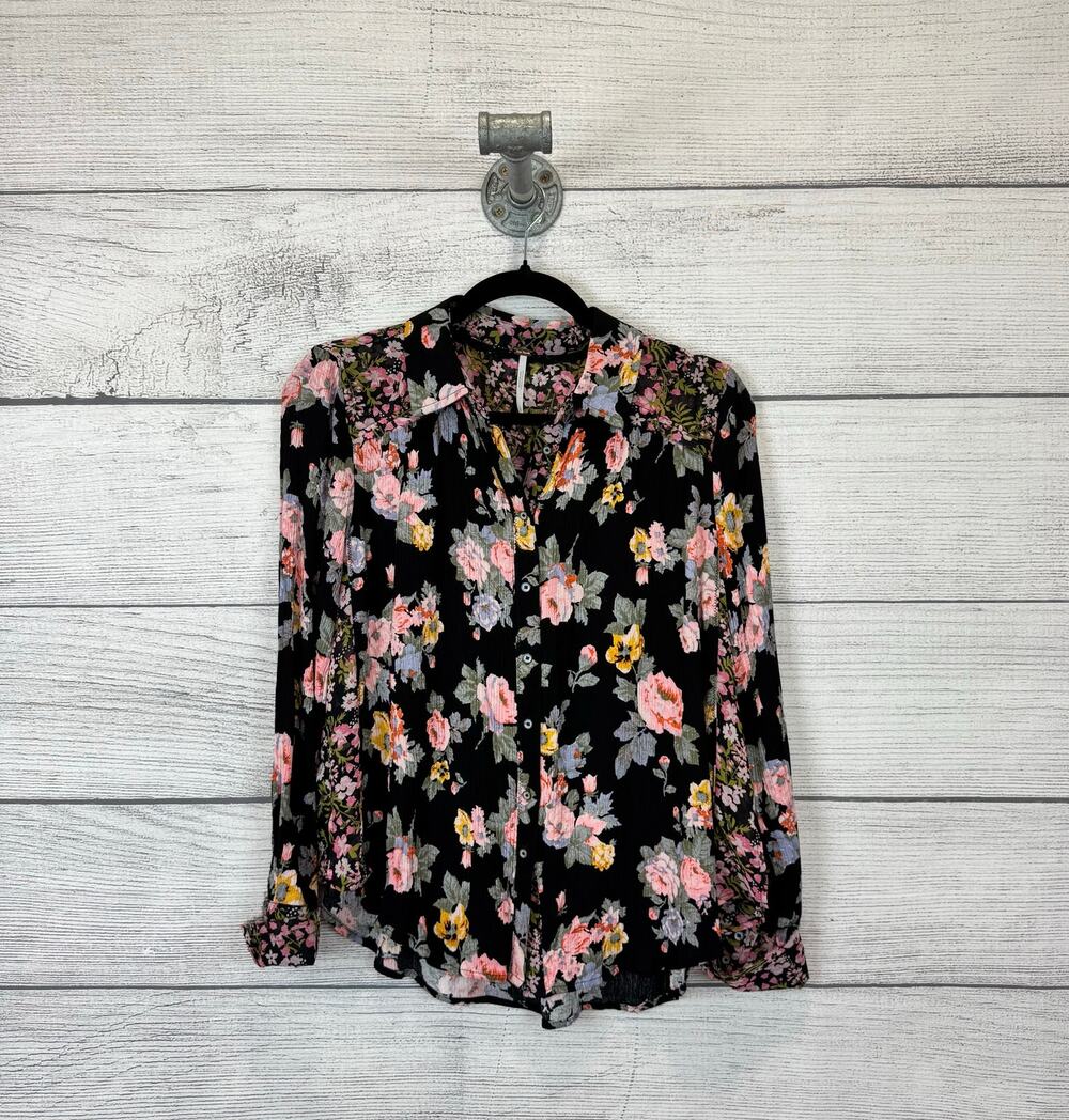 Free People Black Floral Button-Up Blouse with Pink and Yellow Flowers